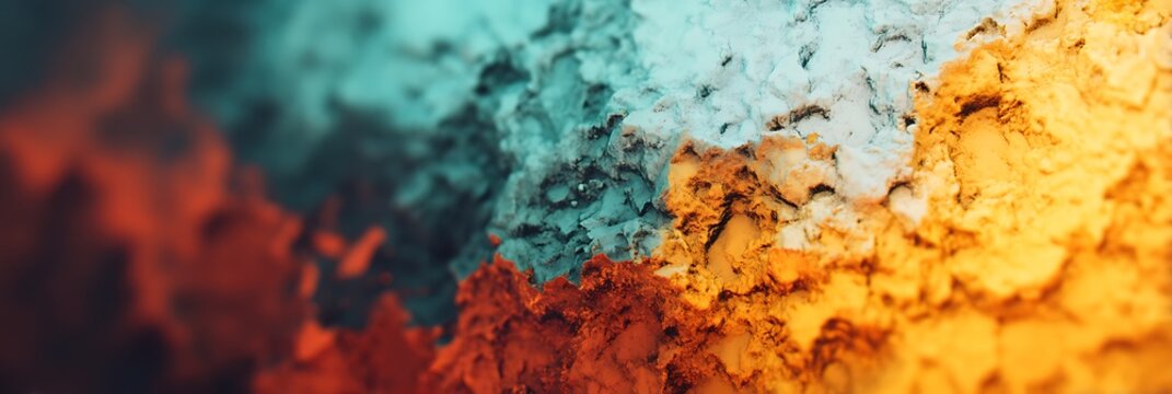 Close-up of colorful pigment powders in teal, blue, orange, and rust tones blending together with textured surfaces.