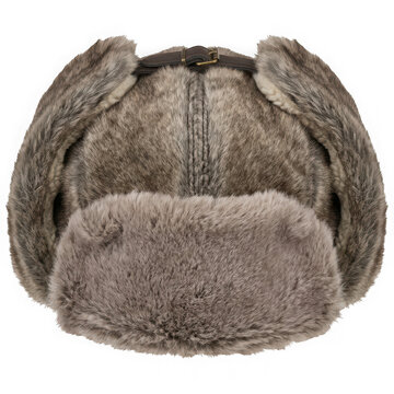 Faux fur trapper hat with leather strap isolated on transparent background