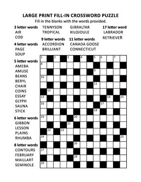 Puzzle page with large print criss-cross (kriss-kross, fill-in) crossword puzzle: Fill in the blanks with the words provided. Black and white, A4 or Letter sized.
