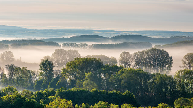 Ausblick &uuml;ber Landschaft mit Morgennebel im Th&uuml;ringer Becken, Th&uuml;ringen, Deutschland 