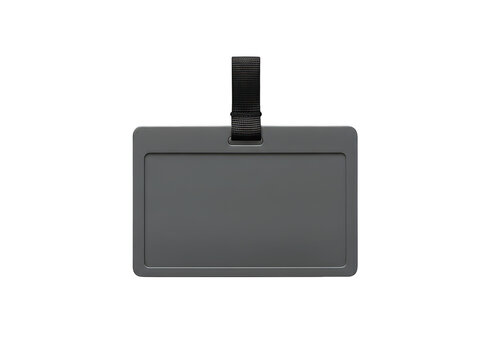 A grey plastic id badge holder with a black fabric lanyard strap isolated on a white background, for office and, event identification isolated on a transparent background