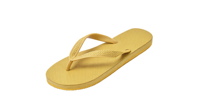 Single casual yellow rubber beach flip flop sandal isolated on transparent background.