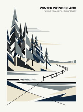 Minimalist geometric winter wonderland with pines forest modern retro style vertical template have blank space.
