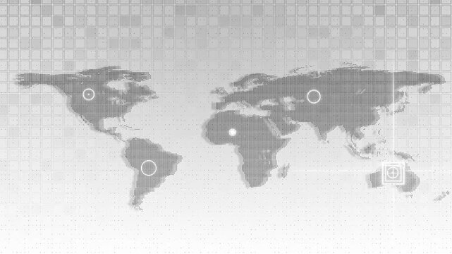 Grey continents and map points animate across a bright digital dashboard. Useful for worldwide networks, finance reports, travel systems, research, monitoring, trade and corporate presentation videos.