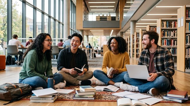 Group of happy diverse students talking and studying on floor in modern university library