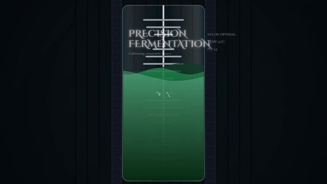 Animation of precision fermentation process showing yeast metabolism producing casein micelles for animal-free dairy production in a high-tech bioreactor interface