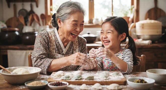 Happy Asian grandmother and granddaughter having fun making traditional dumplings in kitchenКлючові слова (Keywords):