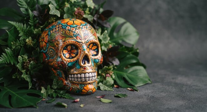 Mexican calavera skull decorated with patterns in green leaves for Day of the Dead
