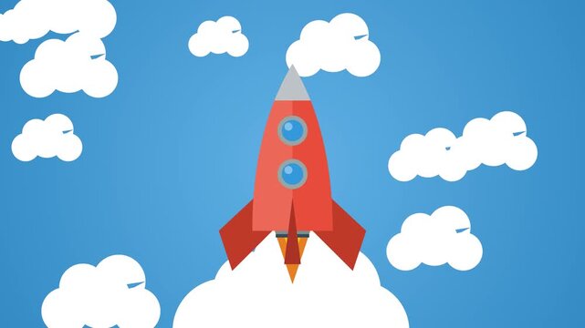 Animated Red Rocket Ship Launching Into The Blue Sky With Clouds.