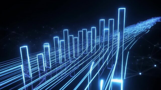 Abstract blue digital cityscape evolving with glowing light trails on dark background