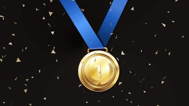 Dynamic motion graphic animation displaying gold medal with blue ribbon with number one and laurel wreath on black background with falling confetti for first place achievement.