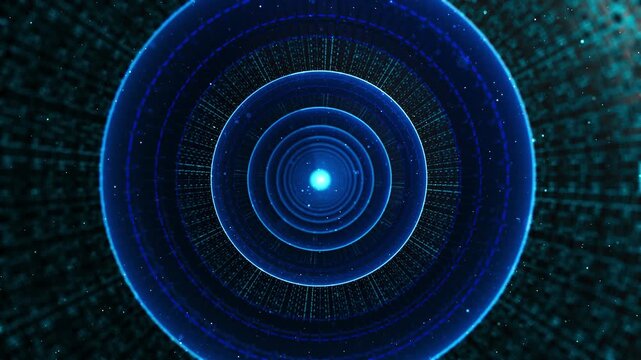 A luminous digital corridor of circular rings rushes toward central light, rapid information transfer. cloud networks, server systems, virtual journeys, cyber themes high speed technology intros.
