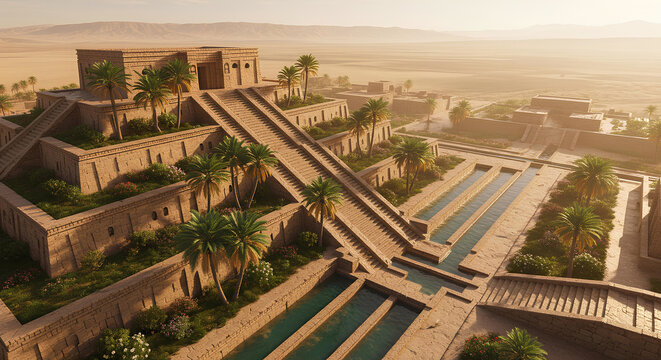 Ancient stepped ziggurat temple complex with irrigation canals and palm trees in a desert landscape