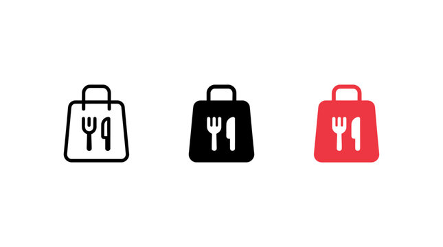 Vector food delivery bag icon set with cutlery symbols for online takeout order services