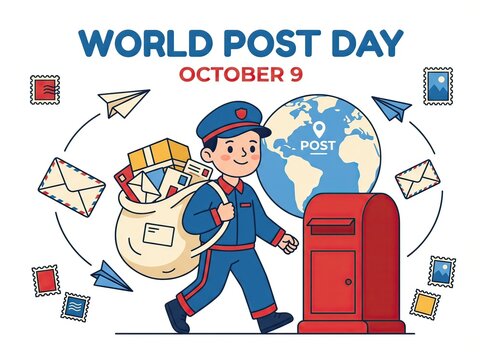 Copyrightsafe, unique, premiumlooking version world post day illustration with mailman