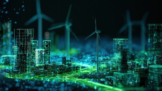Abstract digital cityscape with wind turbines generating green energy
