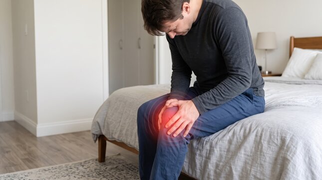 Painful man sitting on the edge of a bed holding his injured knee, suffering from arthritis or joint inflammation, indoor home environment, health and wellness concept.,170