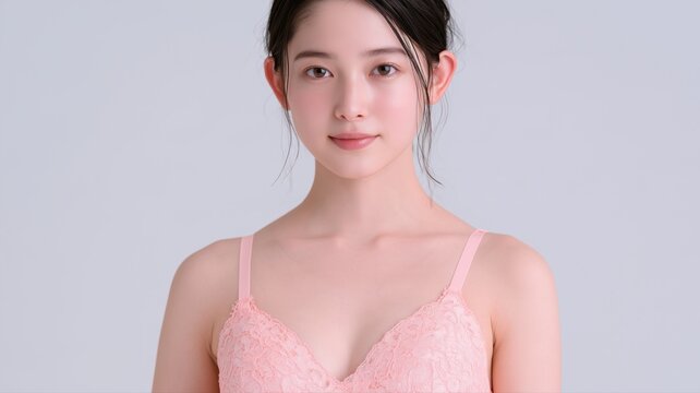ピンクのレースブラジャーを着用した女性のバストアップ。広告やWebサイトの美容・ファッション関連素材