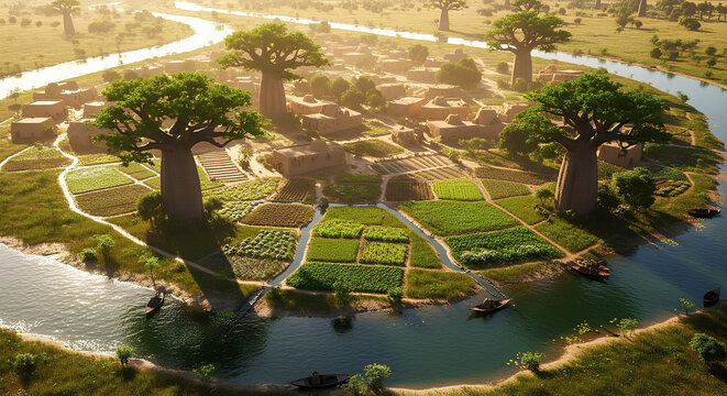 Curving river around an African island village with giant baobab trees and patchwork farm fields