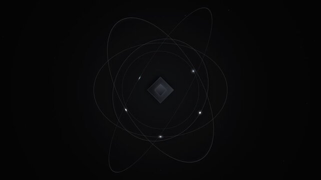 Minimalist digital atom model with glowing orbital rings and particles in dark space background