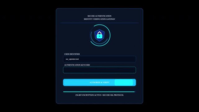 digital login screen animation with security icon and glowing input fields, cyber security login concept, secure access