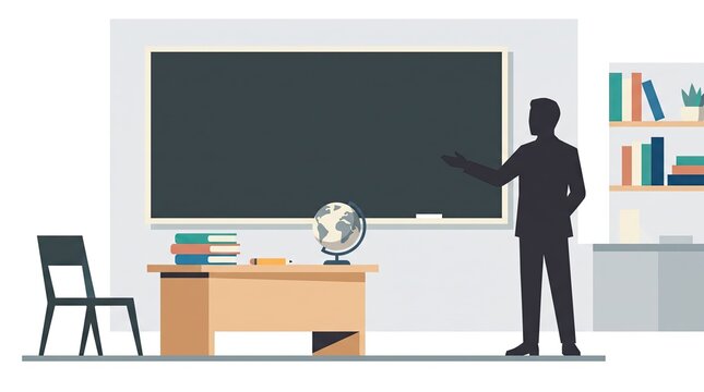 Silhouette of a teacher standing in front of a blackboard in a classroom setting with a desk, globe, books, and a chair, vector illustration