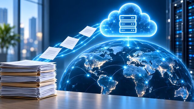 Global data migration transferring physical business documents into worldwide cloud storage network infrastructure