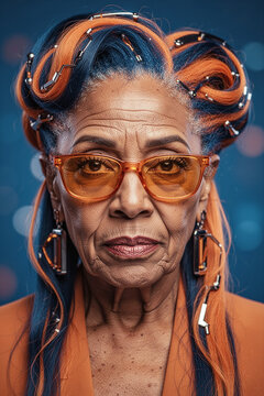 Portrait vieille Femme futuriste avec lunettes orange et cheveux bi color 