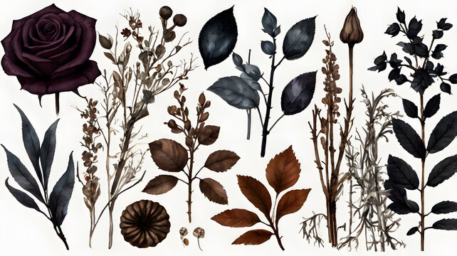 Watercolor botanical elements set with dark autumn leaves and dried twigs on white background.