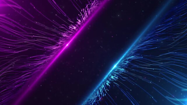 Opposing pink and blue light strands sweep around open copy space with glowing dust. Useful for competition graphics, cyber battles, comparison videos, sports matchups plus visual digital transitions.