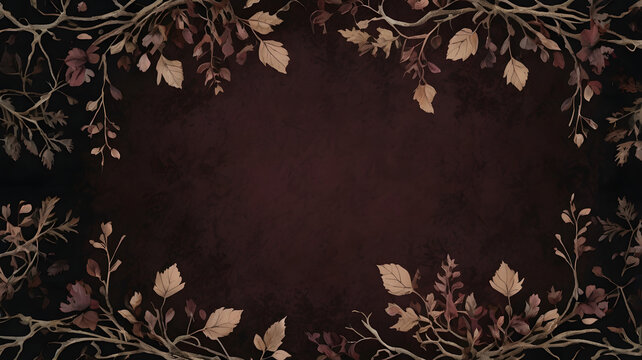  Dark gothic Halloween frame background with autumn leaves and copy space for text.