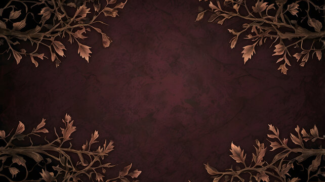 Dark gothic Halloween background with abstract texture and warm autumn leaves in the corners.