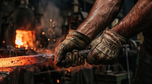 a sweating blacksmith wearing leather gloves holding a glowing hot forged metal bar from furnace.