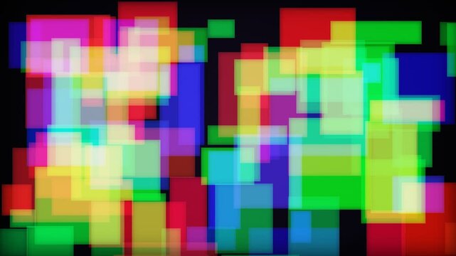 Vibrant abstract background with overlapping colorful rectangles and translucent geometric shapes in a modern digital art style