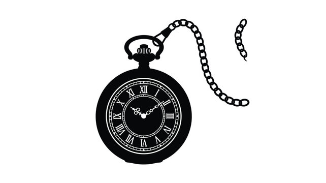 Black silhouette of a pocket watch with chain against a white background silhouette