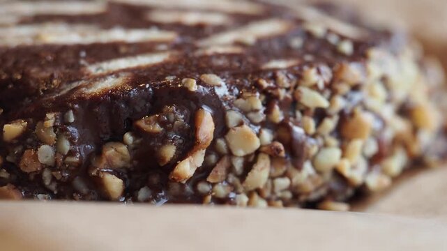 Macro view of chocolate hazelnut cake on parchment paper in close up motion cinematic clip.