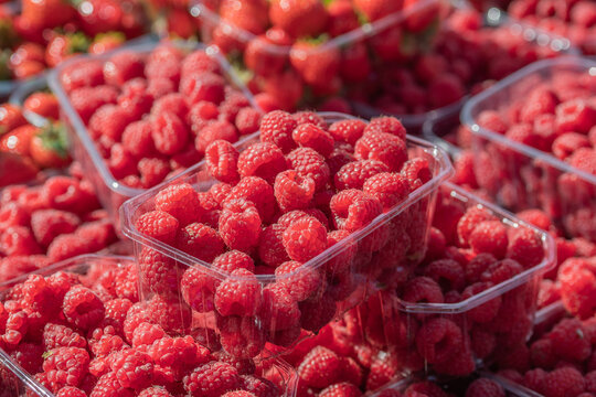 Fresh raspberries arranged in small, wooden containers, ready for sale in a fruit and vegetable market
