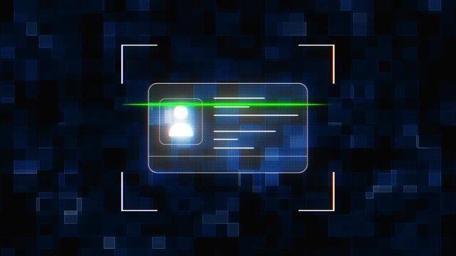 Electronic profile card passes through a digital scanning interface targeting corners verification line. identity checks, secure access, banking, onboarding, travel, authentication, fraud prevention.