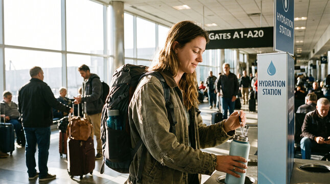 Traveler Filling Water Bottle at Airport Station 