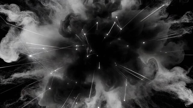 Abstract smoke explosion with light streaks in dark environment during energetic event