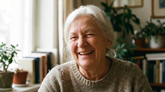 Close-up Portrait of Older Woman Laughing with Crinkled Eyes 
