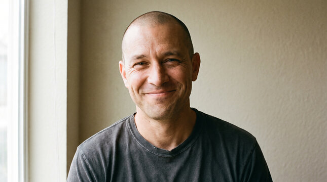 Close-up Portrait of Smiling Man with Shaved Head 