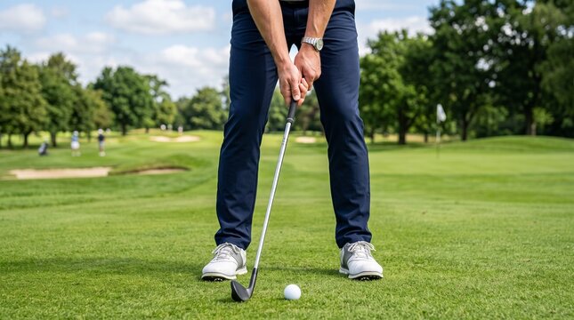 Golfer addressing the ball on green fairway. Close up on player legs in navy trousers and golf shoes holding club. White golf ball on grass. Outdoor sport recreation concept photo
