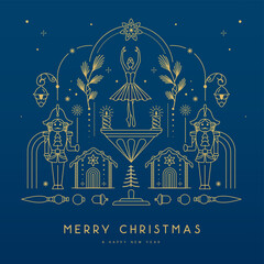Fototapeta premium Modern Christmas poster, banner or holiday greeting card with nutcrackers, ballerina, gingerbread hose, Christmas tree and baubles on blue background. Line art vector illustration