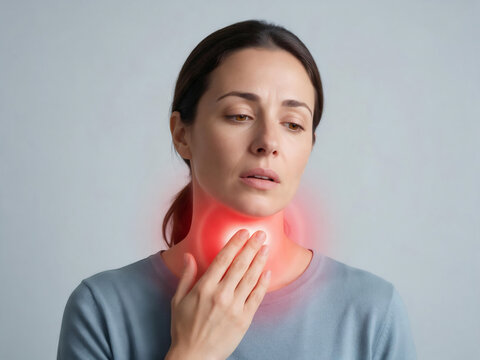 A Woman Holding Her Throat With A Red Glow Highlighting Sore Throat Pain