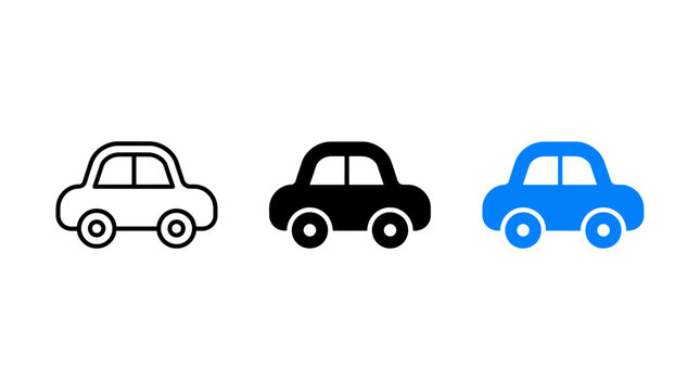Set of cute toy car icons in outline, solid, and blue color styles for vector design