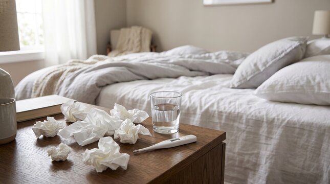 Bedside table with tissues, thermometer and glass of water beside an unmade bed, representing seasonal cold and flu, illness, fever, recovery and home healthcare