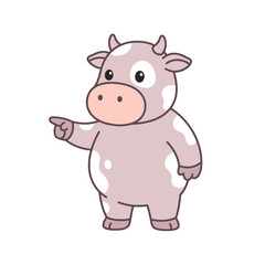 Fototapeta premium A cute cartoon cow points to the side with its hand