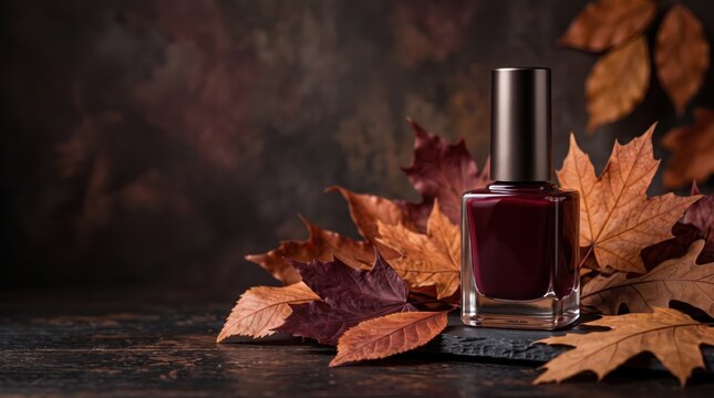 Burgundy nail polish bottle surrounded by autumn maple leaves on a dark wooden surface, creating an elegant seasonal beauty and manicure concept. Copy space