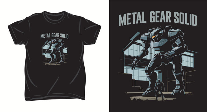 Metal Gear Solid t shirt design vector illustration of a mech and soldier for gaming fans.